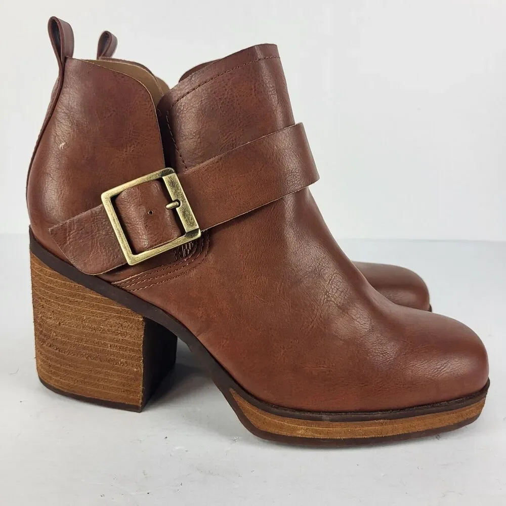 Korks Kari Ankle Booties Pull On Buckle Tan Comfort Padded Wooden 10 M